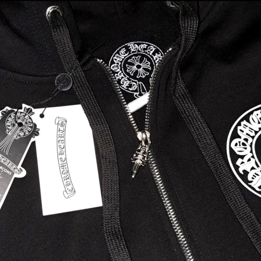 Chrome Hearts Horseshoe Floral Cross Sleve Zip Up Hoodie Black and White - Picture 3 of 7